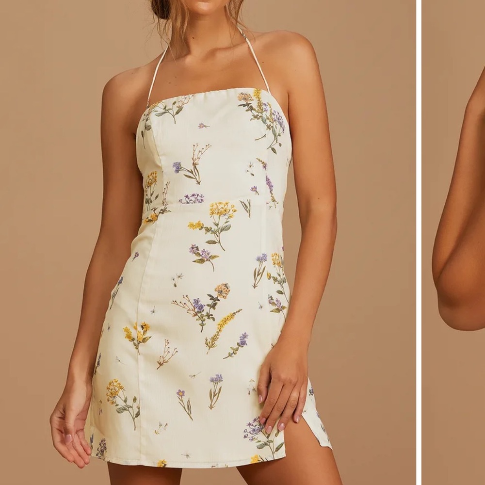 Lulu’s Catch the Bouquet Cream Floral Print Halter Lace-Up Mini Dress